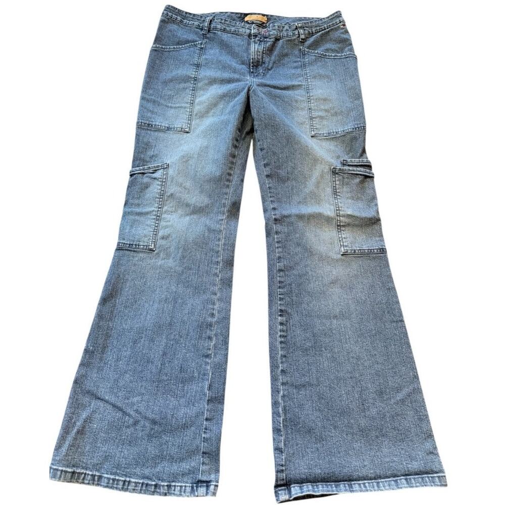 Vtg 03 Y2K Tommy Jeans Flare Leg Cargo Jeans Mid Rise 34 x 30.5 Indie Sleaze Fun